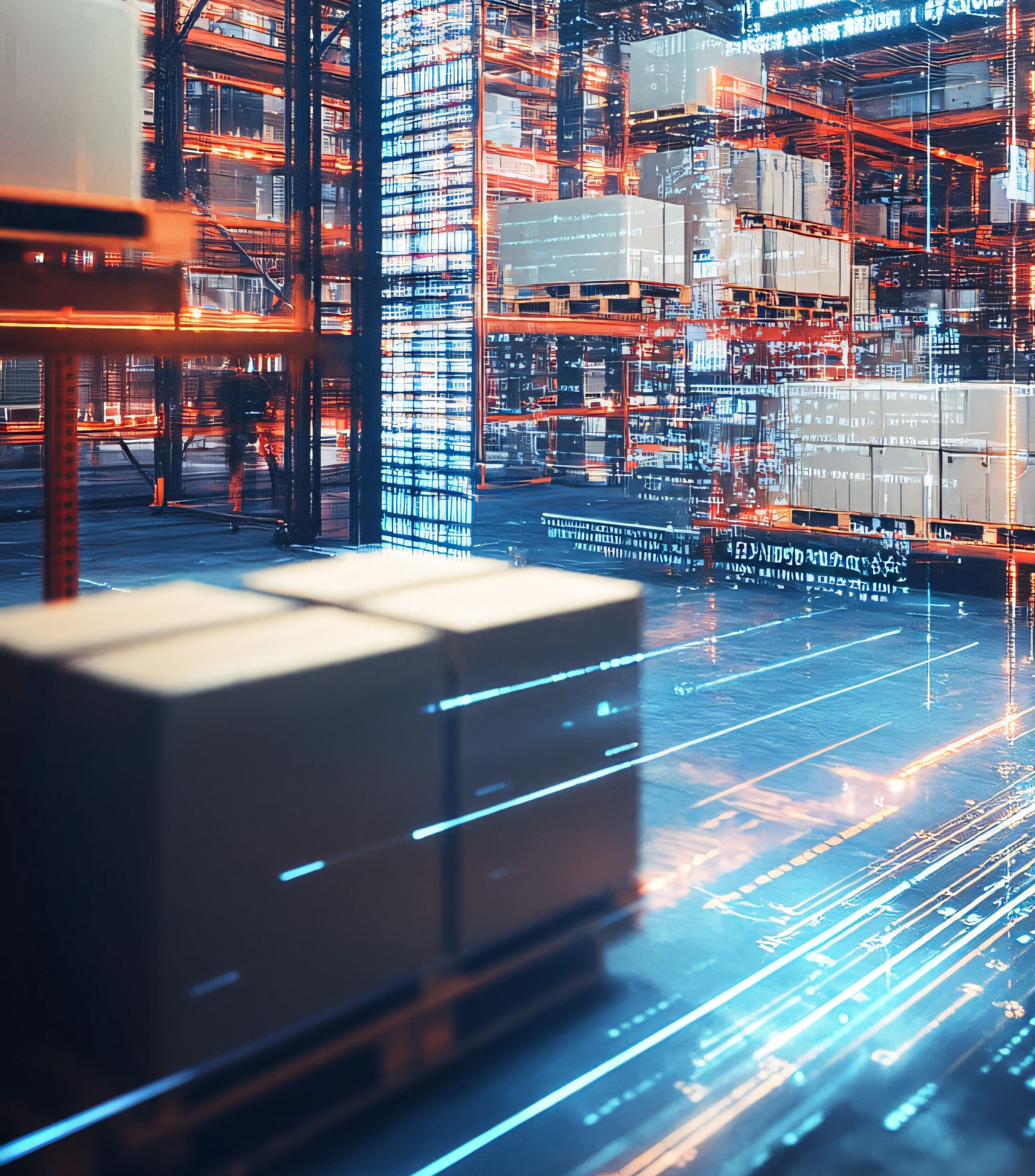 Entrepôt automatisé futuriste. Rayonnages hauts, palettes de cartons. Flux de données numériques bleus et rouges sur le sol de la logistique connectée.