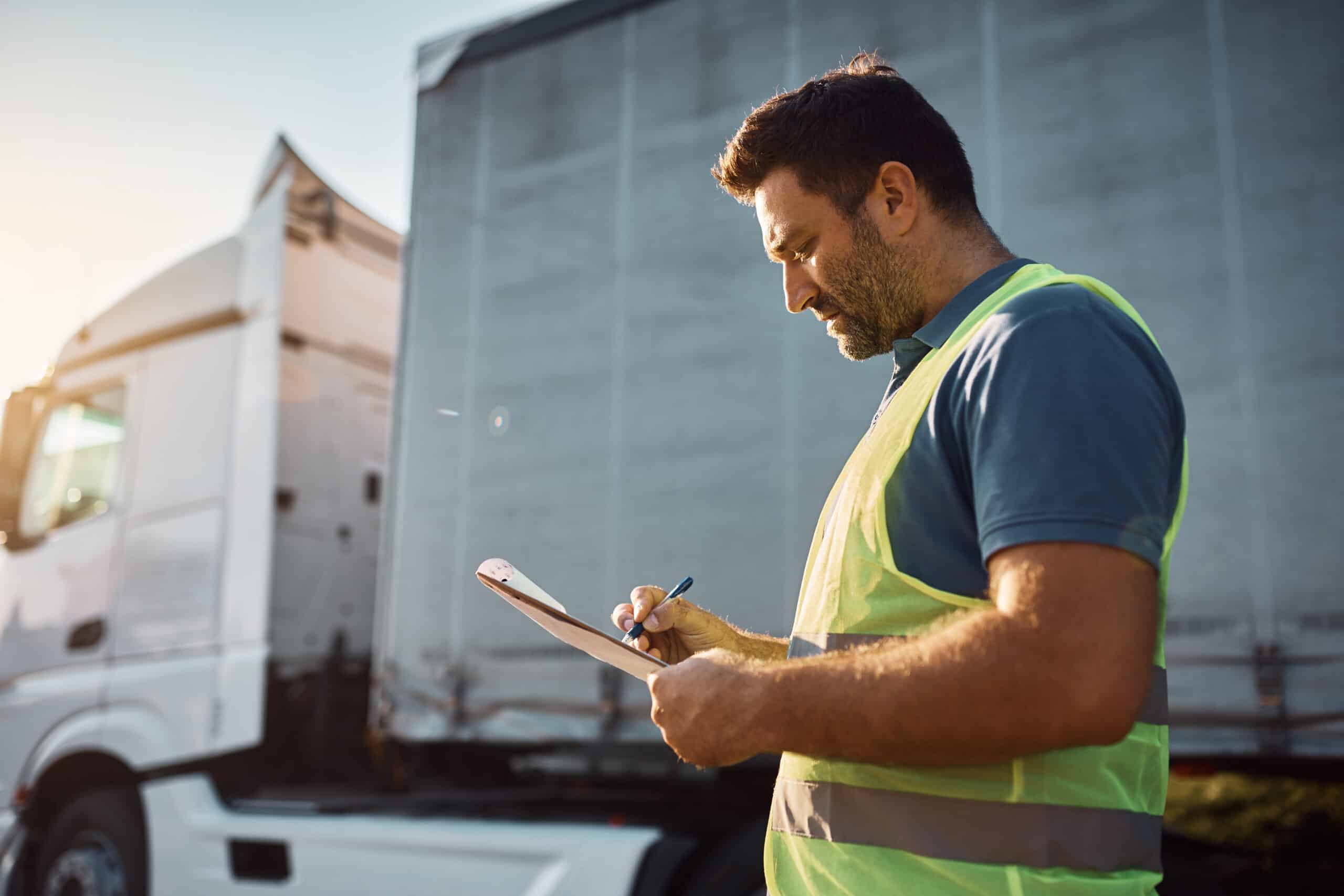 Chauffeur routier en gilet de sécurité fluo vérifiant des documents sur un presse-papiers devant son camion blanc au soleil.