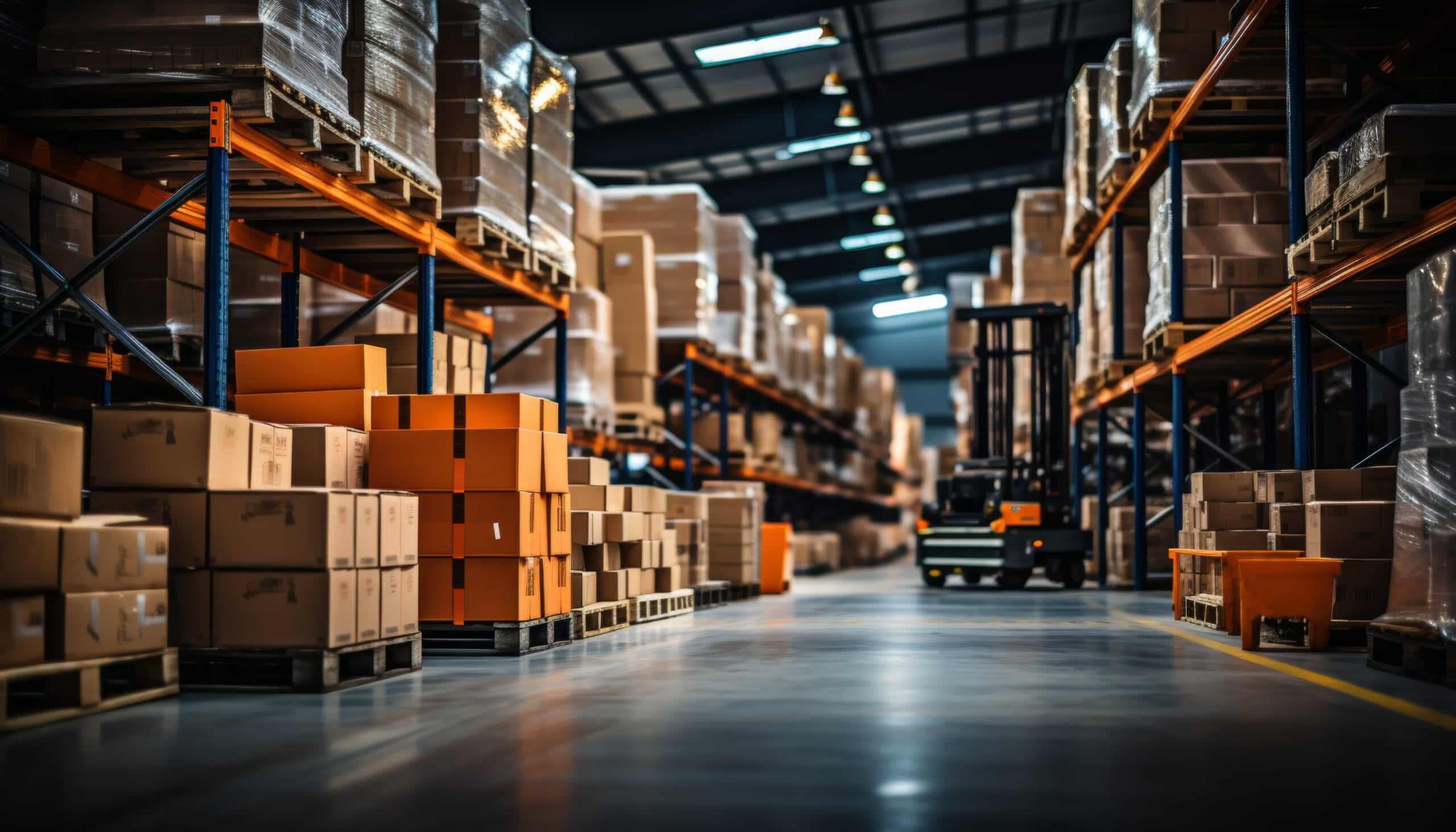 Vaste entrepôt de stockage. Rayonnages industriels chargés de cartons et palettes. Un chariot élévateur opère dans l'allée centrale de logistique.