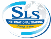 Logo SLS International Trading sur fond de globe mondial. Slogan « Always on time » en jaune. Encadrement dynamique bleu et blanc.