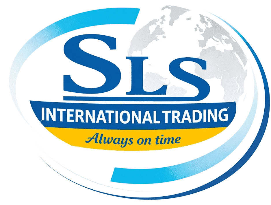 Logo SLS International Trading sur fond de globe mondial. Slogan « Always on time » en jaune. Encadrement dynamique bleu et blanc.