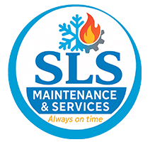 Logo circulaire SLS Maintenance & Services. Flocon, flamme et engrenage symbolisant le chauffage et la climatisation. Slogan : Always on time.