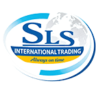 Logo SLS International Trading. Design bleu avec globe stylisé et slogan jaune "Always on time". Mots-clés : SLS, International Trading.